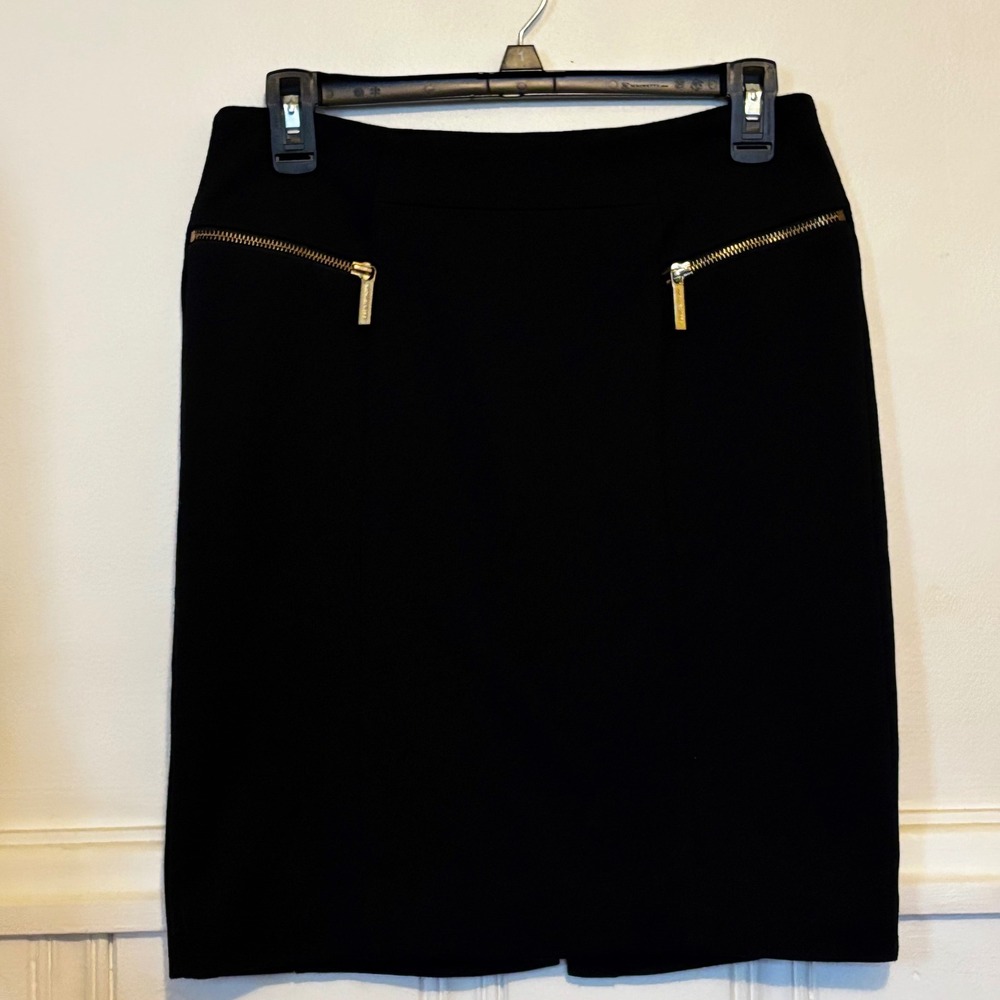 Michael Michael Kors Women's Pencil Skirt 4 Black Gold-Toned Zipper Accents‎